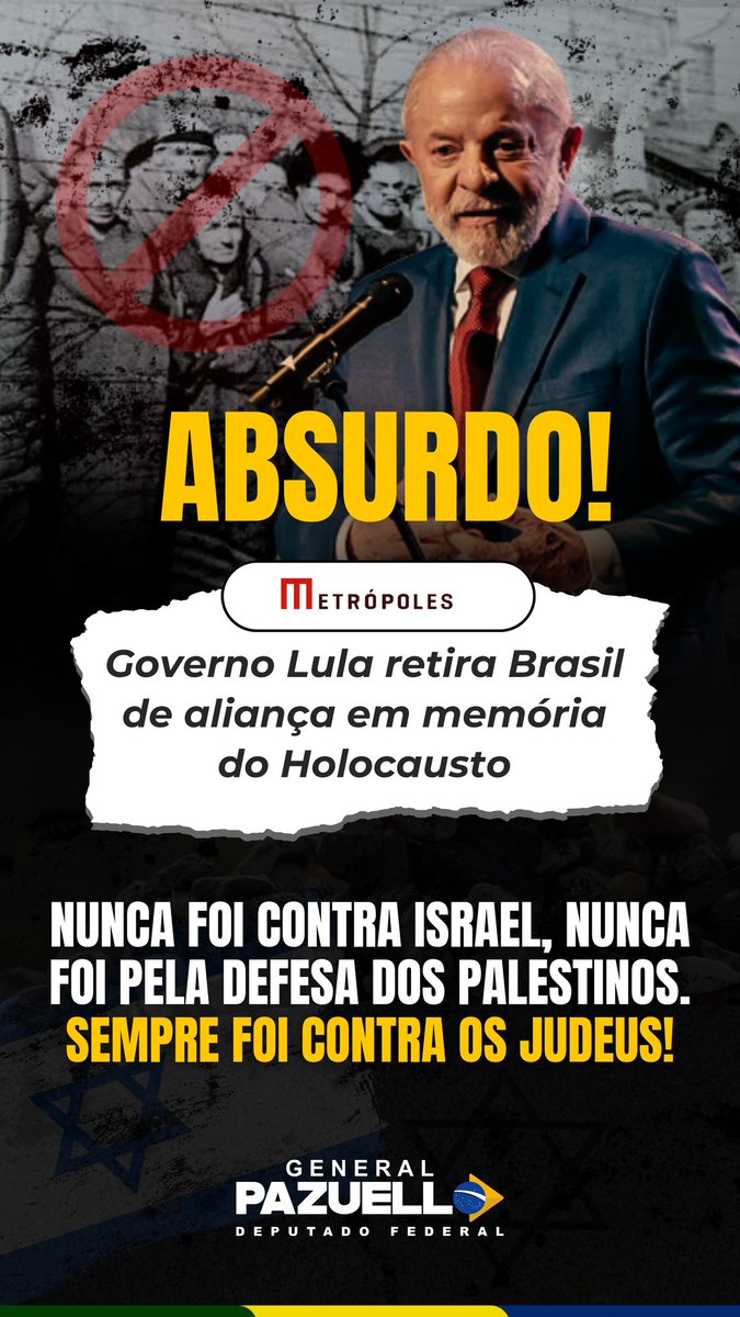 PazuelloGeneral's tweet image. 🚨 O governo petista que já ousou comparar Israel ao nazismo, agora arrasta o Brasil para um abismo diplomático ao abandonar a Aliança Internacional para a Memória do Holocausto.
É uma vergonha! Esse suposto "defensor dos direitos humanos" não apenas flerta com o Hamas e exalta…