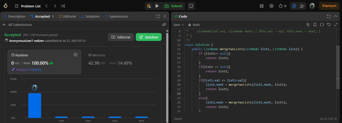 AnonymousMr_7's tweet photo. 🔥 LeetCode | Merge Two Sorted Lists
208/208 ✅ | Runtime: 0ms 💯
Recursive elegance meets speed!
#LeetCode #Java #Coding #LinkedList #DSA #100DaysOfCode https://t.co/EbCzGCqpVF