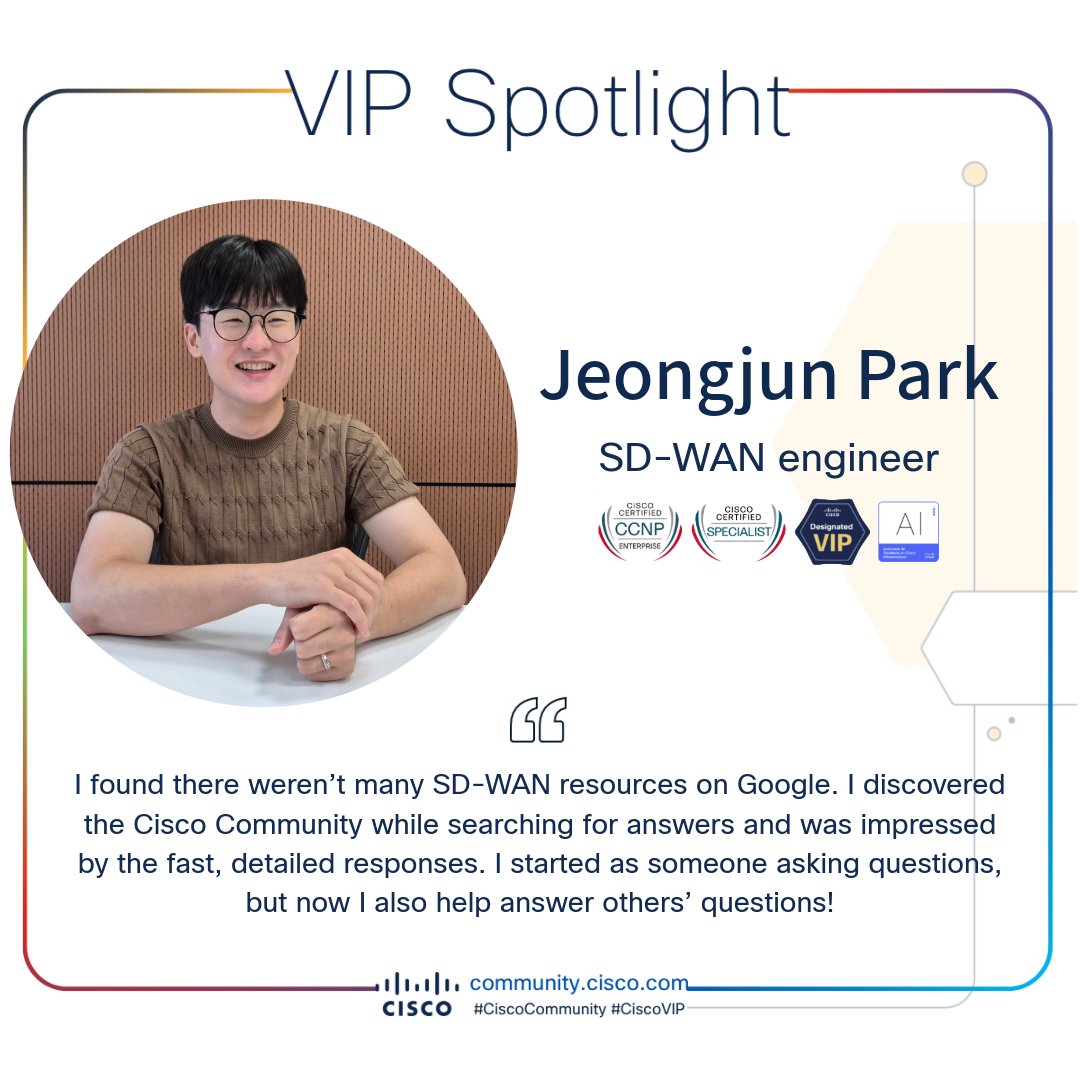 CiscoCommunity's tweet photo. ๐ #VIPSpotlight: Meet our first Korean #CiscoVIP, who has built his career on the belief of "networking is the foundation of all IT", and embraced both personal growth and the power of community!
โจ https://t.co/36szKQhnbZ
#CiscoCommunity https://t.co/rmqMAA6sIv