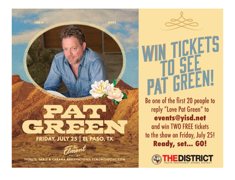 𝕄𝕣𝕤. 𝔼. ℍ𝕕𝕫 (@lisahdz6) on Twitter photo Super Excited that I was one of the winners for tickets 🎟️ to the concert 🎶 this Friday! Looking forward to seeing <a href="/PATGREENMUSIC/">Pat Green</a> tomorrow! Thank you <a href="/YsletaISD/">Ysleta ISD</a> for the tickets! <a href="/YsletaMS/">Ysleta Middle School</a> Super Excited that I was one of the winners for tickets 🎟️ to the concert 🎶 this Friday! Looking forward to seeing <a href="/PATGREENMUSIC/">Pat Green</a> tomorrow! Thank you <a href="/YsletaISD/">Ysleta ISD</a> for the tickets! <a href="/YsletaMS/">Ysleta Middle School</a>