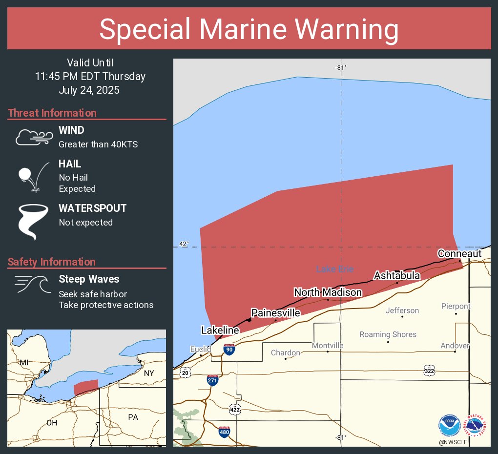 NWSCLE's tweet image. Special Marine Warning including the Willowick to Geneva-on-the-Lake OH beyond 5NM off shoreline to US-Canadian border, Geneva-on-the-Lake to Conneaut OH beyond 5 nm off shoreline to US-Canadian border and Willowick to Geneva-on-the Lake OH until 11:45 PM EDT