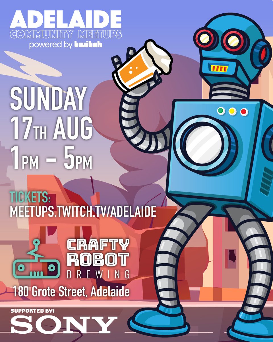 Adelaide Community MeetUps (@twitchadelaide) on Twitter photo 🤖 ANNOUNCEMENT! 🤖
It may be cold and rainy, but that's not going to stop us from having an Adelaide Community Meetup (Powered by <a href="/Twitch/">Twitch</a> & <a href="/Twitch_ANZ/">Twitch ANZ</a>)!
📅 : Sun, 17th Aug
⏰ : 1PM - 5PM
📍 : Crafty Robot Brewing - 180 Grote St, Adelaide
THANKS to <a href="/sonyaustralia/">Sony Australia</a> 💜 🤖 ANNOUNCEMENT! 🤖
It may be cold and rainy, but that's not going to stop us from having an Adelaide Community Meetup (Powered by <a href="/Twitch/">Twitch</a> & <a href="/Twitch_ANZ/">Twitch ANZ</a>)!
📅 : Sun, 17th Aug
⏰ : 1PM - 5PM
📍 : Crafty Robot Brewing - 180 Grote St, Adelaide
THANKS to <a href="/sonyaustralia/">Sony Australia</a> 💜