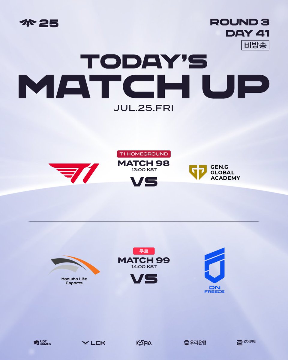2025 LCK CL] 7/25(금) 매치업 달라지는 무대, 커지는 긴장감🔥 오늘은 Match 99를 Co-streaming으로  시청하실 수 있습니다. Match 98. 13:00 [KST] T1 vs GEN📺𝐭𝟏𝐞𝐬𝐩𝐨𝐫𝐭𝐬 Match 99.  14:00 [KST] HLE vs DNF📺𝑲𝑼𝑹𝑶 📺𝐭𝟏𝐞𝐬𝐩𝐨𝐫𝐭𝐬 SOOP: