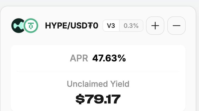 HYPE/USD 收益耕作截图，显示 47.63% APR 和 79.17 美元未领取收益