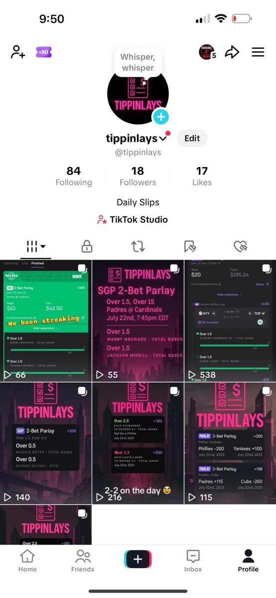 Started a betting account on TikTok if anyone is interested or just drop a follow would appreciate it 🤓❤️🥸tippinlays