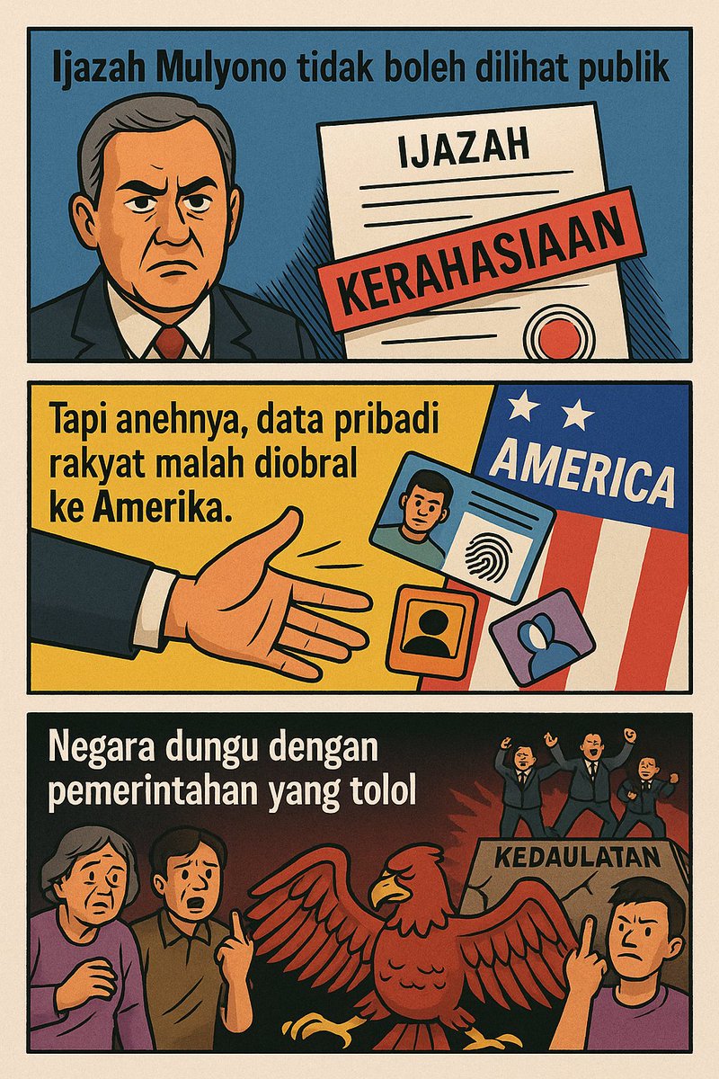 Ijazah satu orang dijaga mati matian.
Tapi data jutaan rakyat diobral ke Amerika kayak gorengan.
Privasi cuma berlaku buat penguasa,
Sementara kita? Disuguhkan kebodohan yang dibungkus jargon negara 😤😤