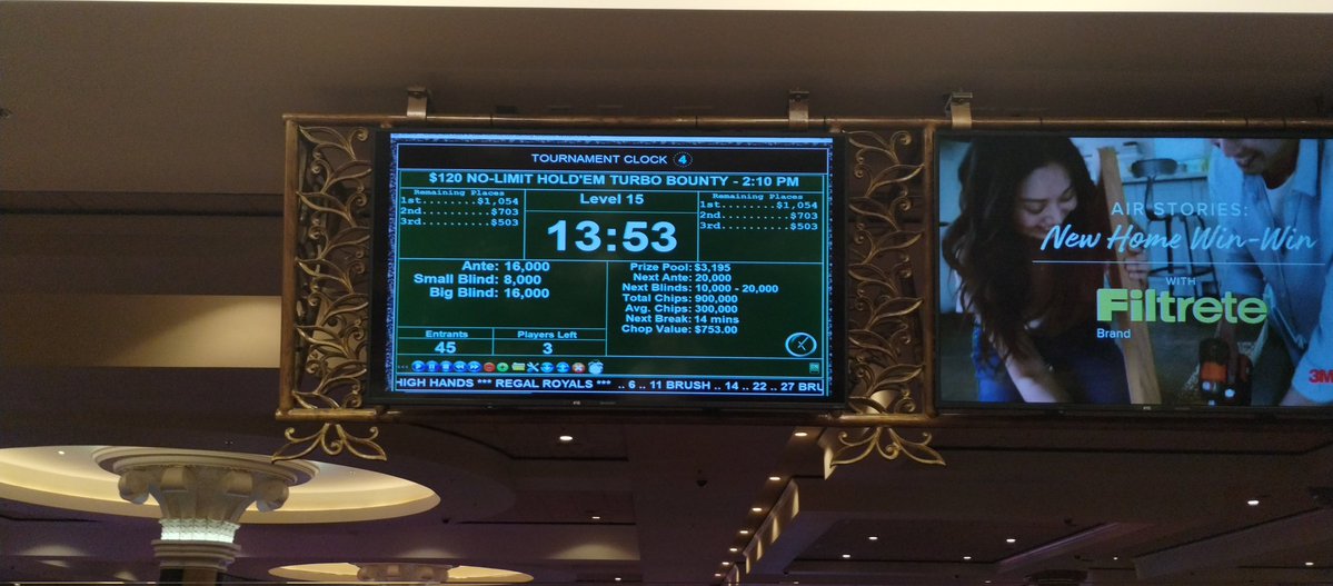 SPPokr's tweet image. Congratulations to our final 3 in the 2pm Turbo Bounty event. They agreed to a deal giving Jim the coveted medallion and $880 in cash. Join us everyday for the best tournaments at @southpointlv