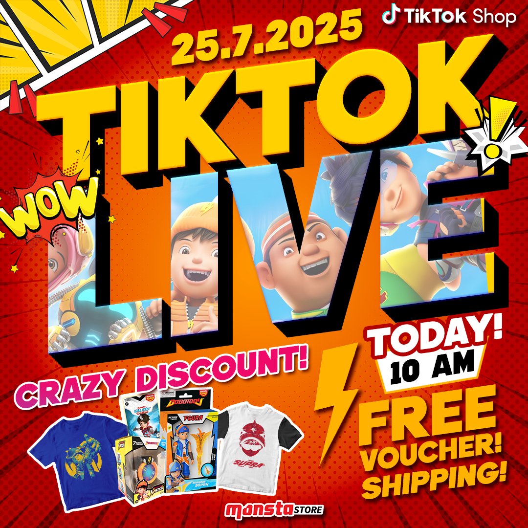BoBoiBoy's tweet image. 📢 TikTok 🔴LIVE 25/7, 10 AM! 

⭐PROMOSI KAW-KAW!!!
✨ FGURA BoBoiBoy &amp;amp; BoBoiBoy Watch!
💥 Item istimewa: Tshirt BoBoiBoy, Papa Zola &amp;amp; Mechamato!
🎁 Diskaun dan voucher dalam LIVE sahaja! 

Jangan lupa masuk LIVE! 🥳🥳
🛒tiktok.com/@monstastore