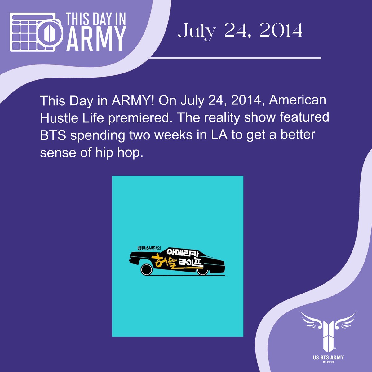 USBTSARMY's tweet image. This Day in ARMY!
On July 24, 2014, American Hustle Life premiered. The reality show featured BTS spending two weeks in LA to get a better sense of hip hop.
🔗usbtsarmy.com/filmography/am…