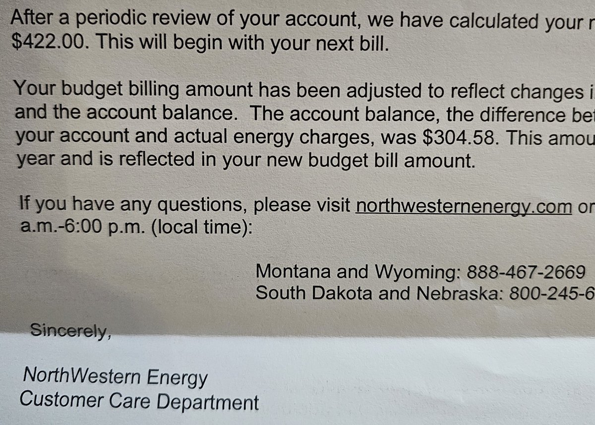 Timber_MT's tweet image. Hey @GovGianforte
Guess what I received today Governor? Another letter from Northwestern Energy, telling me about another rate hike and an increase to my budget billing. I have a 1230 sq. foot log home, just me and my husband living here. Wanna know how much my budget billing is…