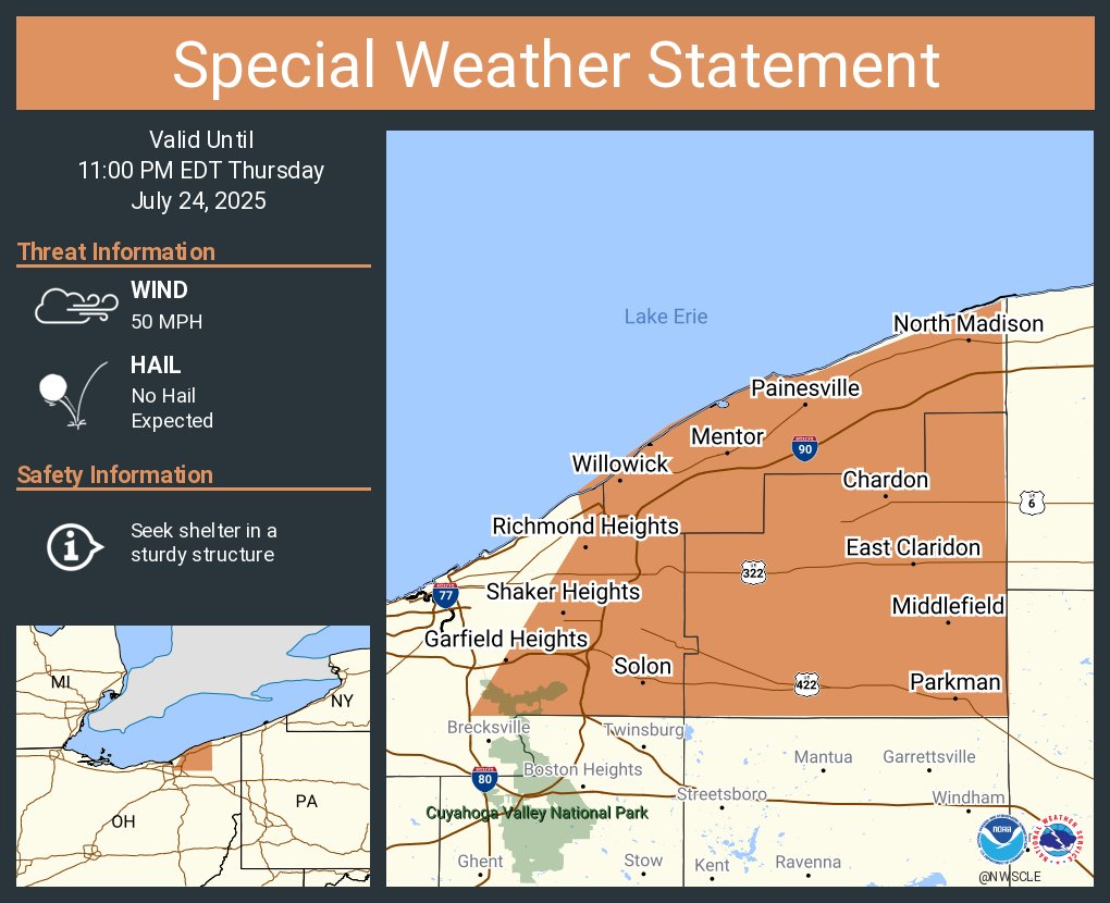 NWSCLE's tweet image. A special weather statement has been issued for Mentor OH, Garfield Heights OH and Shaker Heights OH until 11:00 PM EDT
