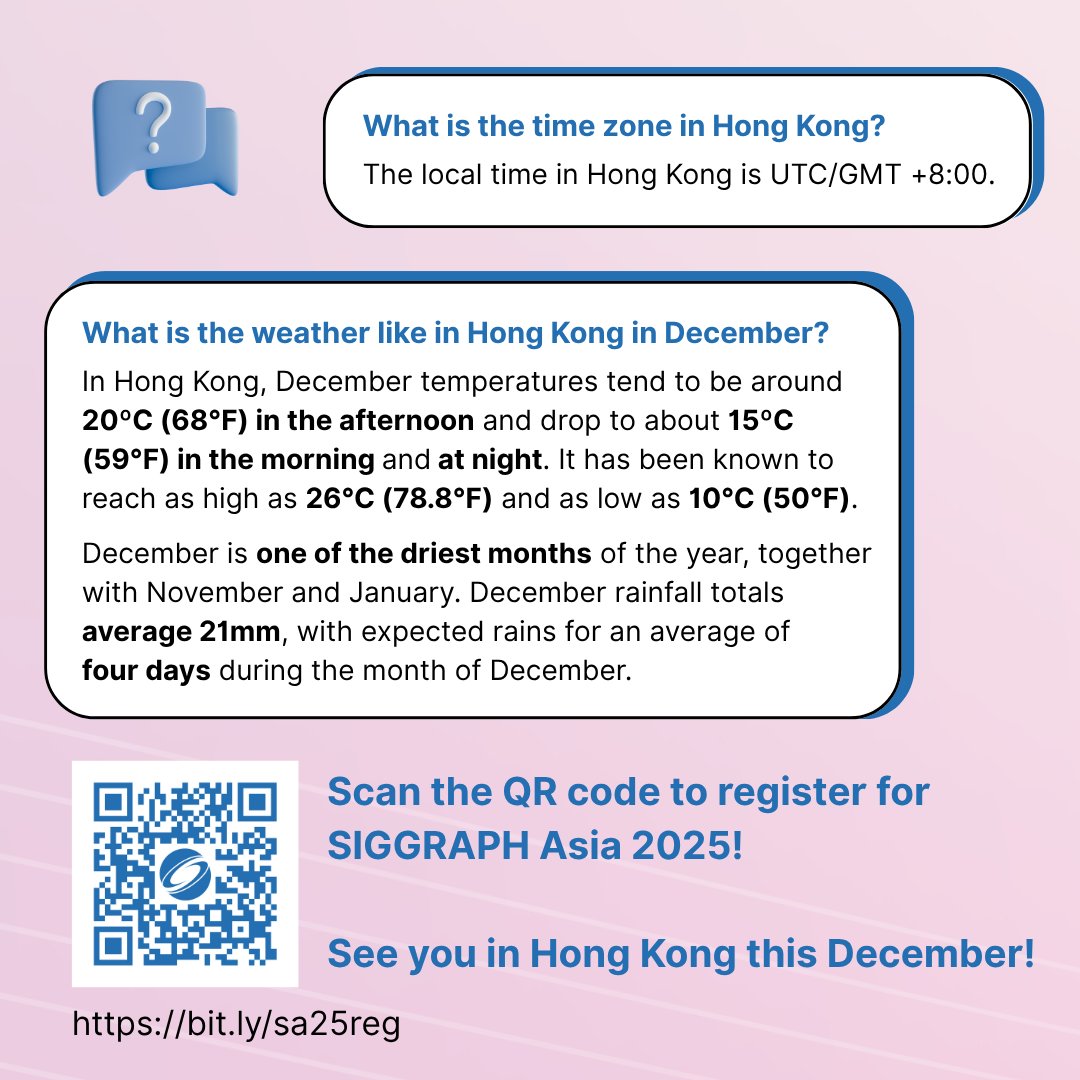 SIGGRAPHAsia's tweet image. 🎉 Heading to #SIGGRAPHAsia2025 in Hong Kong?
We’ve answered your top FAQs to help you prepare your visit! ✅
💡 More questions?
🔗 Full list: bit.ly/sa25-faqs
📩 DM us or email registration_asia@siggraph.org
#ComputerGraphics #InteractiveTech #GenerativeRenaissance