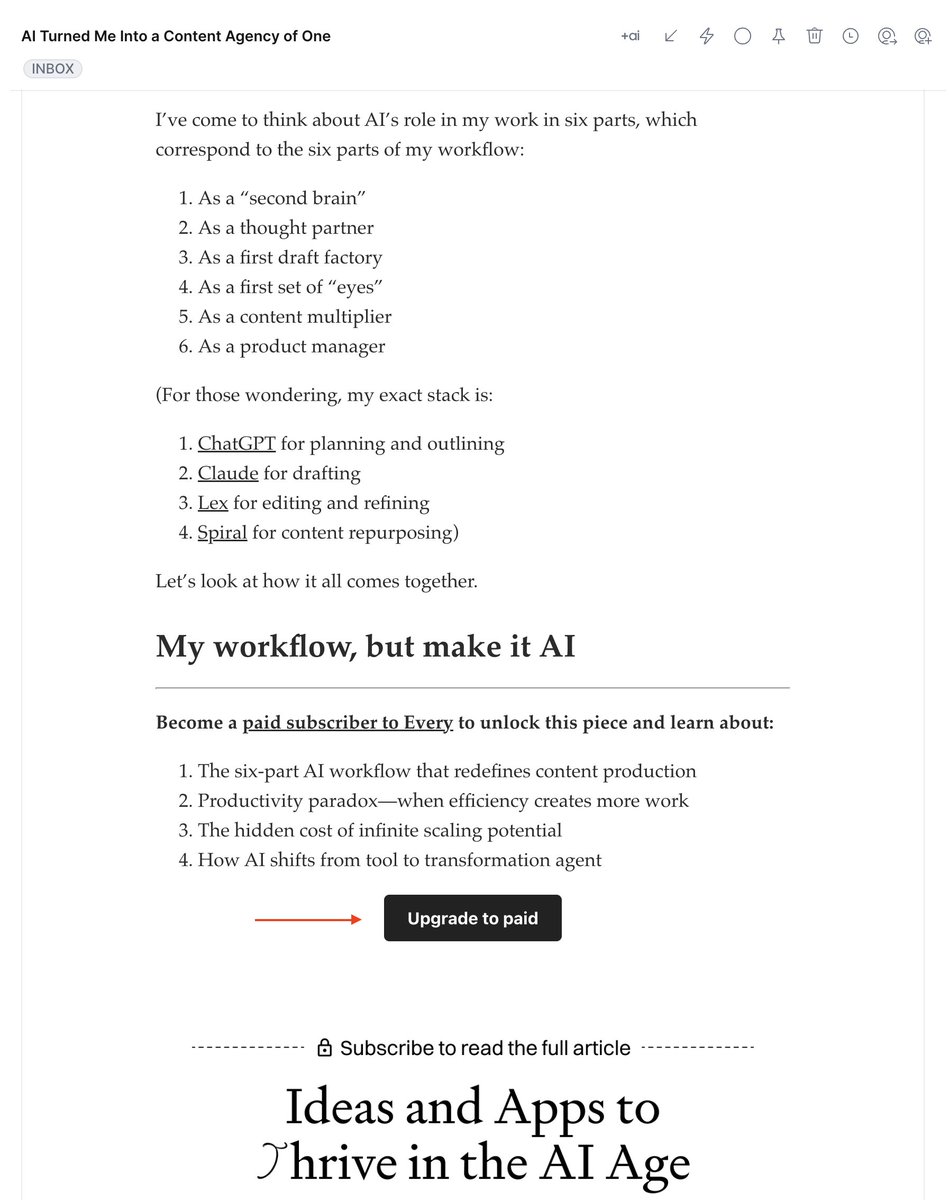 lukeSVG's tweet image. @every has a such a nice paid newsletter funnel

1. sign up for free in the landing

2. get emails that give just enough, cut off at the right time

3. free trial for annual upsell

gradually hooks me in