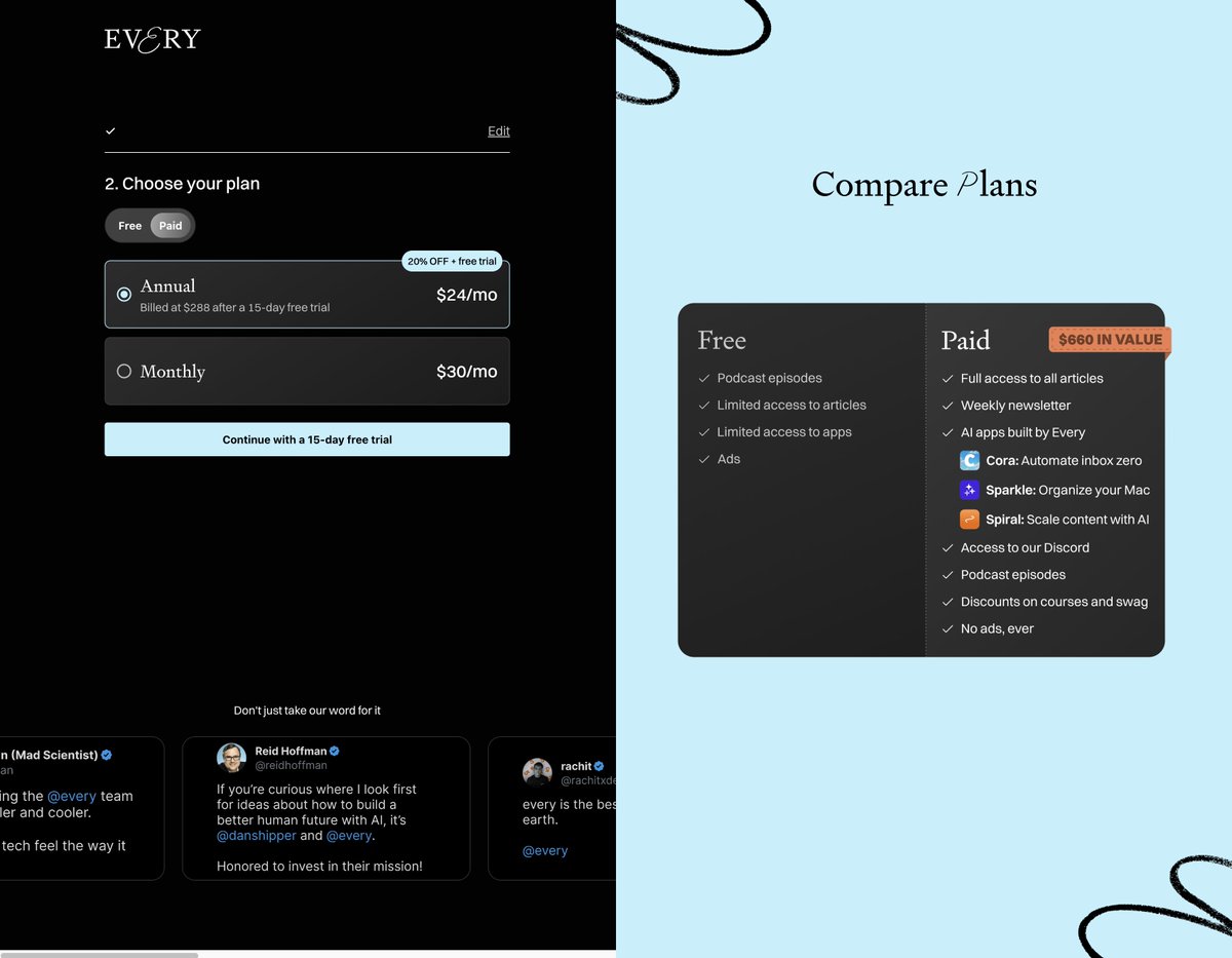 lukeSVG's tweet image. @every has a such a nice paid newsletter funnel

1. sign up for free in the landing

2. get emails that give just enough, cut off at the right time

3. free trial for annual upsell

gradually hooks me in