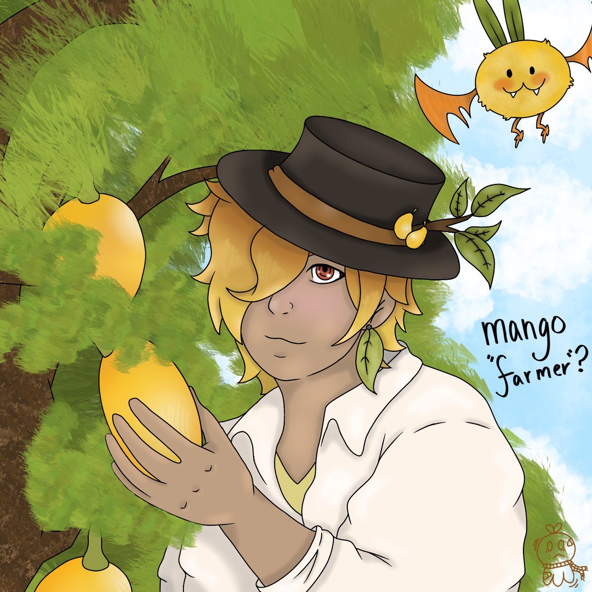 GlitchedGhostVT's tweet image. Art Fight piece I did for Mango!
🥭
I have a habit of reading @mangoframer’s name as Mango Farmer, so this was born lol