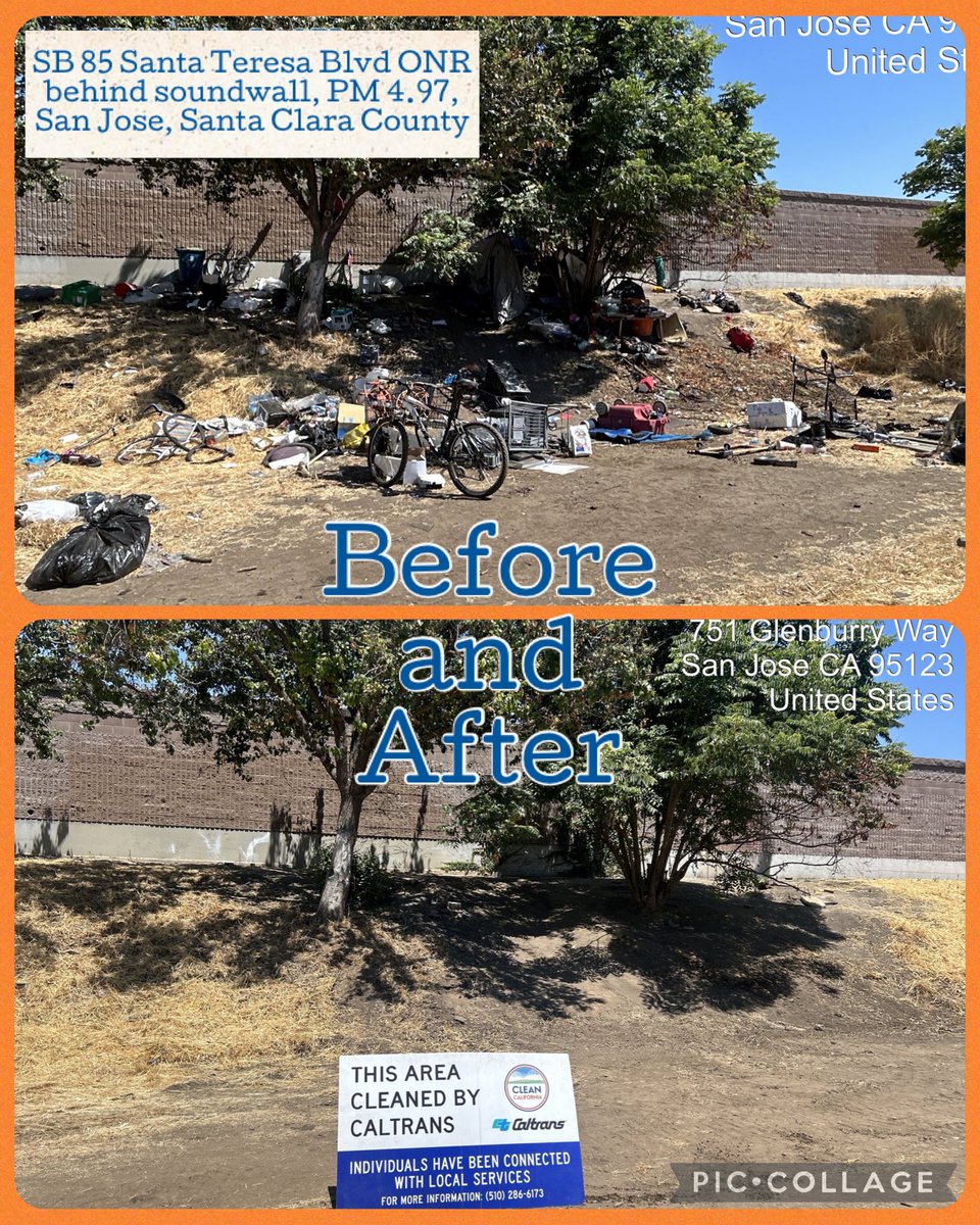 CaltransD4's tweet image. Cleanup for Safety in San Jose
📍SB 85 @ Santa Teresa Blvd on-ramp (behind soundwall), PM 4.97
🗓July 18, 2025 @ 10 AM
🏕2 individuals assisted
🗑30 cu. yds of debris removed
🚨Responding to public reports of debris & safety concerns
🔗csr.dot.ca.gov
#CaltransD4 #SanJose