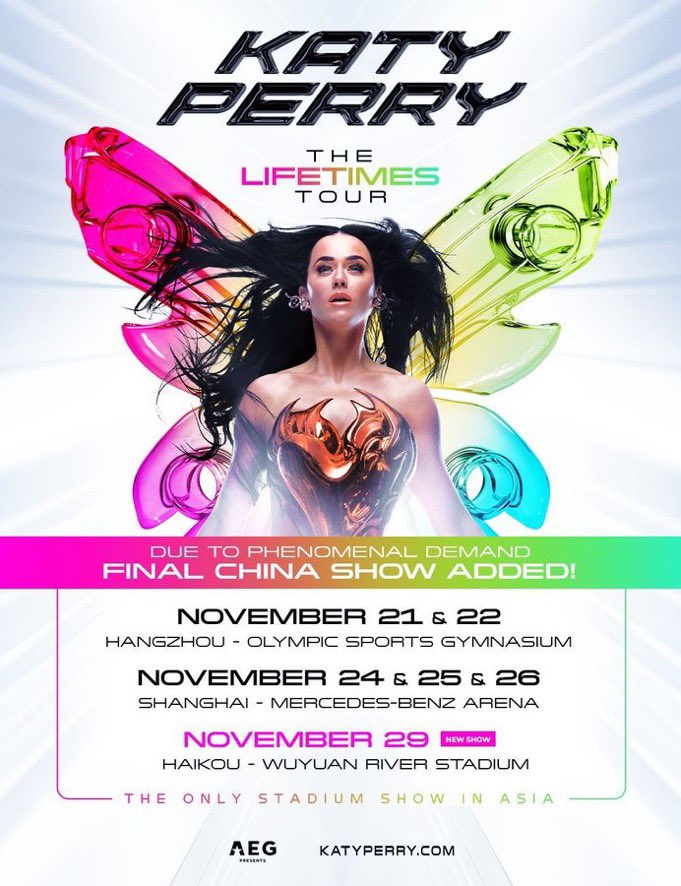 todaykatyp's tweet image. Due to HIGH DEMAND, Katy Perry has added another date to “THE LIFETIMES TOUR” in China. The new show will take place at the Wuyuan River Stadium in the city of Haikou. 

— The stadium has a capacity of over 40,000 people.