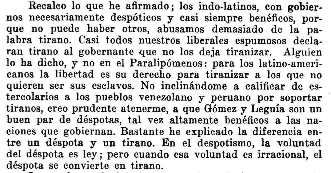 chicodelbajio's tweet image. Bulnes en defensa de los mandatarios venezolano y peruano D. Juan Vicente Gómez y D. Augusto Leguía: «un buen par de déspotas, tal vez altamente benéficos a las naciones que gobiernan».