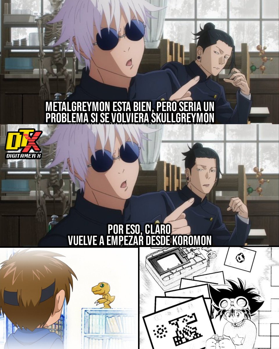 DigitamerX's tweet image. ❗ #DatosDigimon Random hasta que consiga novia #42

👾¿Gojo Satoru de Jujutsu Kaisen es fan de #Digimon?

Durante un flashback en el manga (capítulo 66) y el anime, se le ve hablando sobre Digimon en sus años de instituto. Y tiene sentido ⬇️⬇️⬇️

#JujutsuKaisen #Gojo