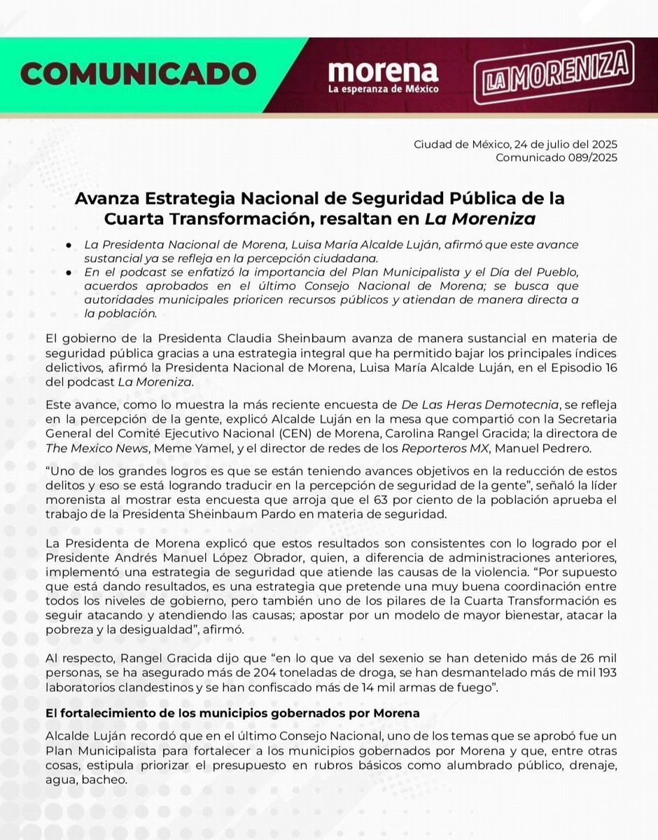 PartidoMorenaMx's tweet image. 🗞️ El Partido Morena comparte comunicado de prensa:
Avanza Estrategia Nacional de Seguridad Pública de la Cuarta Transformación, resaltan en La Moreniza
-La Presidenta Nacional de Morena, Luisa María Alcalde Luján, afirmó que este avance sustancial ya se refleja en la…