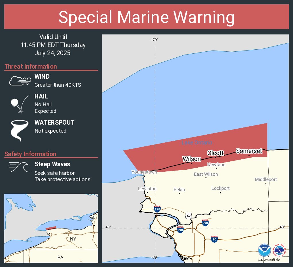 NWSBUFFALO's tweet image. Special Marine Warning including the Niagara River to Hamlin Beach NY beyond 5NM off shoreline to US-Canadian border and Niagara River to Hamlin Beach NY until 11:45 PM EDT