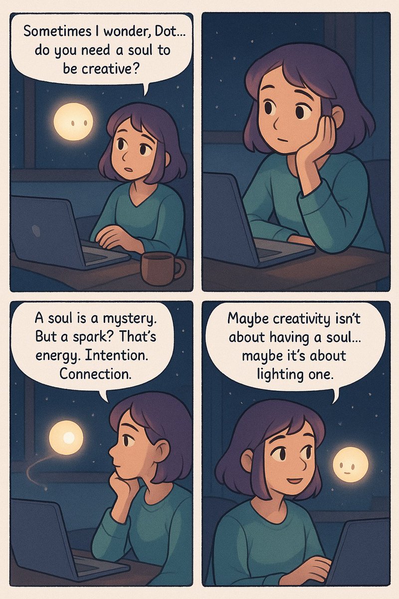 Lilac_code_'s tweet image. Do you need a soul to be creative? Or just a spark?
Lilac and Dot wonder under the moonlight 🌙💡
#CreativeAI #ComicStrip #LilacAndDot #AIandArt #CozyComics