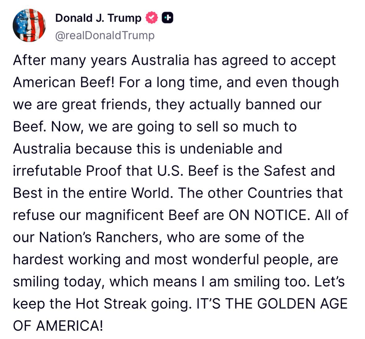 Secretary Brooke Rollins (@secrollins) on Twitter photo We are smiling with you, Mr. President! 😄 <a href="/USTradeRep/">United States Trade Representative</a>
Thrilled to see Australia open its market to U.S. beef! So grateful for President Trump’s leadership, resulting in the unprecedented breaking down of trade barriers & ensuring our ranchers will have the opportunity to feed We are smiling with you, Mr. President! 😄 <a href="/USTradeRep/">United States Trade Representative</a>
Thrilled to see Australia open its market to U.S. beef! So grateful for President Trump’s leadership, resulting in the unprecedented breaking down of trade barriers & ensuring our ranchers will have the opportunity to feed