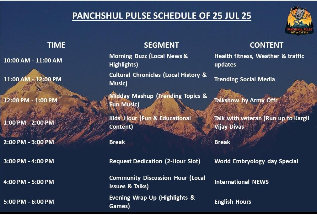 panchshulpulse's tweet image. Daily Schedule 
#HillSeDilTak #communityradiostation #pithoragarh #indianarmy #indianarmedforces #Bordertourism #ecotourism #monsoons #FloodRelief