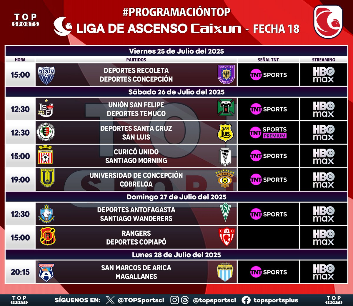 TOPSportscl's tweet image. #ProgramaciónTOP📝 con la fecha 17 de la #LigadePrimeraItaú 🇨🇱 que inicia este viernes 25/7.
📺🆓 IQUI-AUD por Mega 2 y Mega GO el domingo
Además:
- Fecha 18 de la #LigadeAscensoCaixun 🇨🇱
- Fecha 15 de la #LigaSegundaDivisión 🇨🇱 por laliga2d.cl
⚠️ Sujeto a cambios
