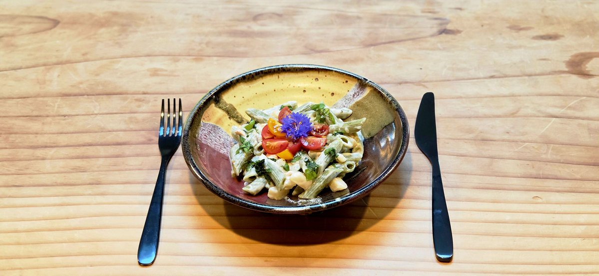 A little controversial - cornflower seaweed infused pasta and white clam chowder sauce; I wanted to experiment and this turned out absolutely amazing and delicate. Cornflower added to the flavor as well