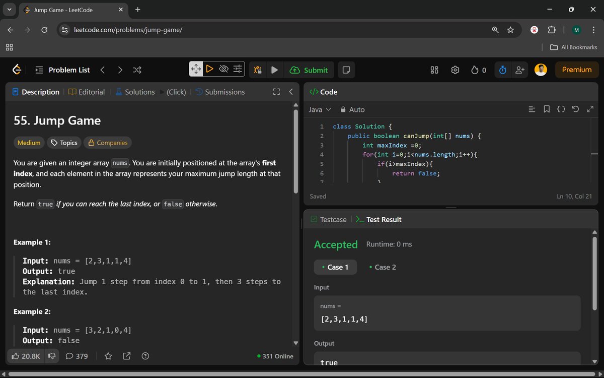 Manohar2909's tweet image. 🚀 Day 55/100: Steady Progress & Sharper Logic – One Step Closer to Mastery!
55. Jump Game
409. Longest Palindrome
#100DaysOfCode #LeetCodeSolutions
#JavaProgramming #DataStructuresAndAlgorithms
#CodingChallenge #ProblemSolving #TechCareer
#GreedyAlgorithm #PalindromeLogic
