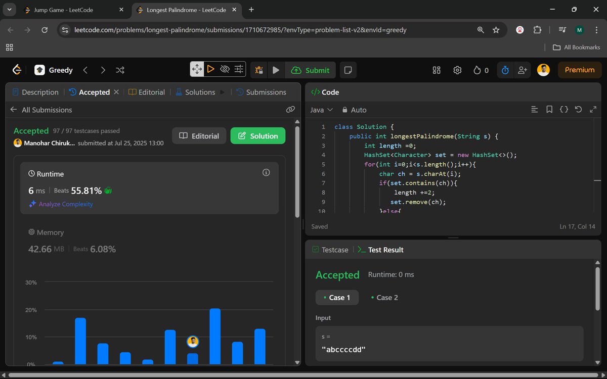 Manohar2909's tweet image. 🚀 Day 55/100: Steady Progress & Sharper Logic – One Step Closer to Mastery!
55. Jump Game
409. Longest Palindrome
#100DaysOfCode #LeetCodeSolutions
#JavaProgramming #DataStructuresAndAlgorithms
#CodingChallenge #ProblemSolving #TechCareer
#GreedyAlgorithm #PalindromeLogic
