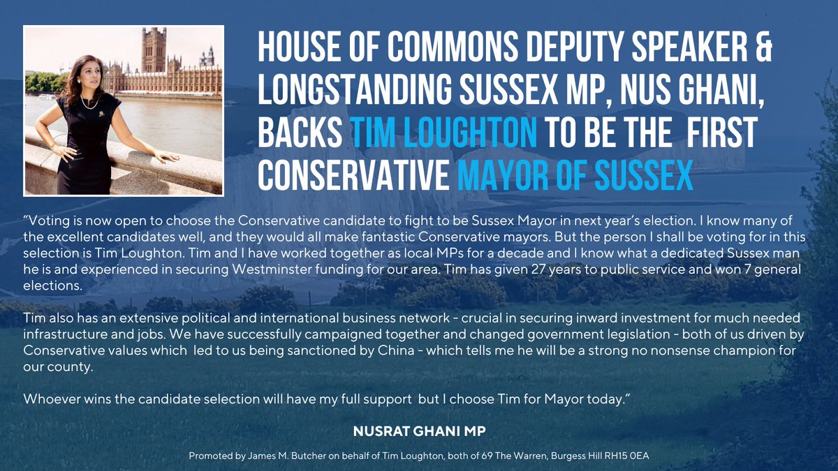 timloughton's tweet image. Delighted to have the longest serving MP in a Sussex seat and my good friend Nus Ghani supporting my bid to become the Sussex Mayoral candidate. As former business minister Nus knows all about bringing investment to Sussex and I look forward to working with her again