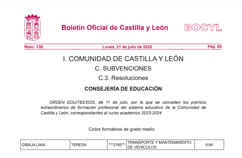 Nuestra alumna Teresa Gibaja Lima ha recibido el premio extraordinario de formación profesional correspondiente al curso académico 2023-24. ¡Enorabuena 👏👏👏!