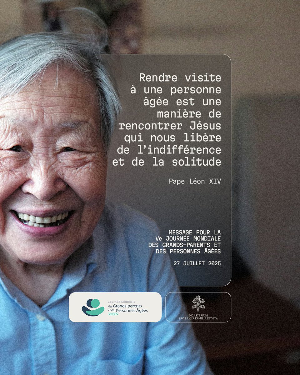 Dans le Message de cette année, le Pape Léon XIV dit : « Rendre visite à une personne âgée est une manière de rencontrer Jésus qui nous libère de l’indifférence et de la solitude. » #GrandsparentsetPersonnesâgées #27juillet
Lis le message: laityfamilylife.va/content/laityf…
