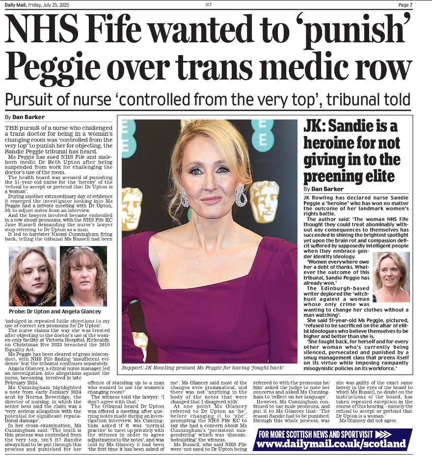 Sandie Peggie, 51, refused to accept or pretend a male doctor was a woman.

A vendetta was then organised against her, controlled by those at the very top.

Heads will surely roll.