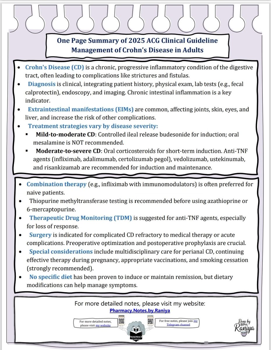 rania1997301's tweet photo. Summary of the 2025 ACG Crohn’s Disease Guidelines now available on my website:
 🔗 https://t.co/9Ws2dvC4Ew
Plus: 2-page summary ready to download on my Telegram channel:
 📥 https://t.co/MDSUbAncRx
#Pharmacy #CrohnsDisease #ACG2025 #IBD #Gastroenterology #ClinicalGuidelines https://t.co/BPk2n53ghu