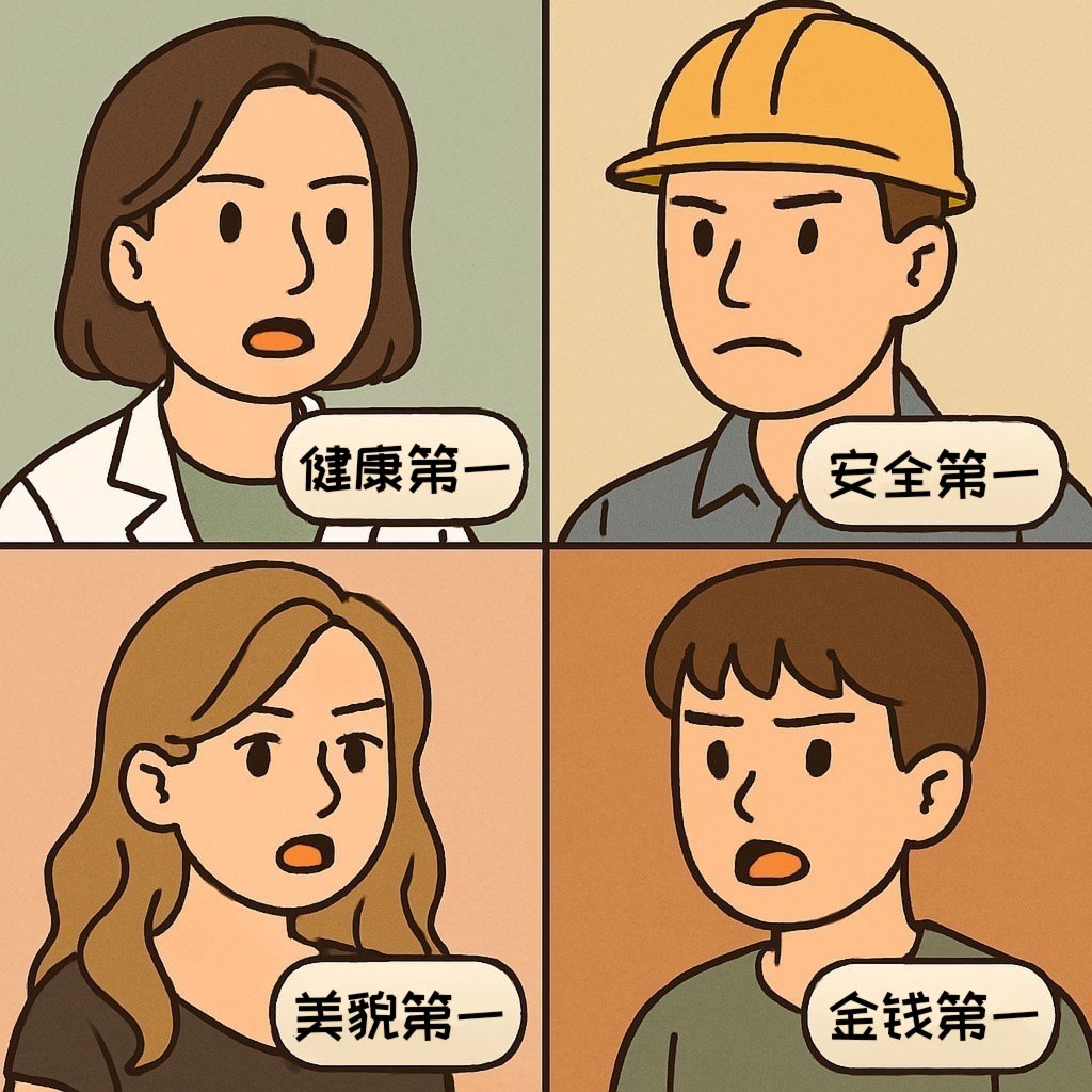 J2_HRHM's tweet image. 制造业 🏭🕛️ 午休时间 😌
👩⚕️ 四十岁:健康第一
没有健康,一切都无从谈起,连喜欢的东西也吃不下
👷♂️ 车间主管:安全第一
没有安全,就没有生产
👩 二十多岁:美貌第一
照片不修图根本不敢发,美貌就是社交平台的生命线
👦 十几岁:金钱第一
没钱什么都做不了,贫穷限制了我的想象力