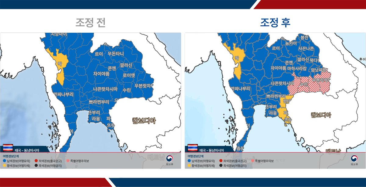 7월 24일(목) 태국-캄보디아 접경지역에서 양국 군대간 무력 충돌이 발생함에 따라, 외교부는 양국 일부 지역에 대해 한국시간 7월 25일(금) 12:00부로 여행경보 2단계(여행자제) 또는 특별여행주의보를 발령합니다.>vo.la/edNyypG