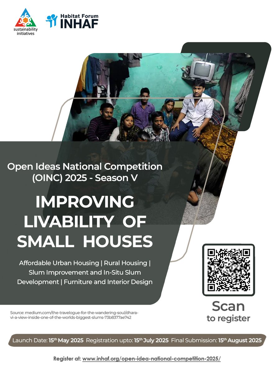 Habitat Forum (INHAF) and Sustainability Initiatives (SI) cordially invite you to participate in the Open Ideas National Competition (OINC) 2025 Season V.    

For registration and further details please visit: 
forms.gle/CrC3oTRTWJMsmP…

#nationalcompetition #smallhousebigideas