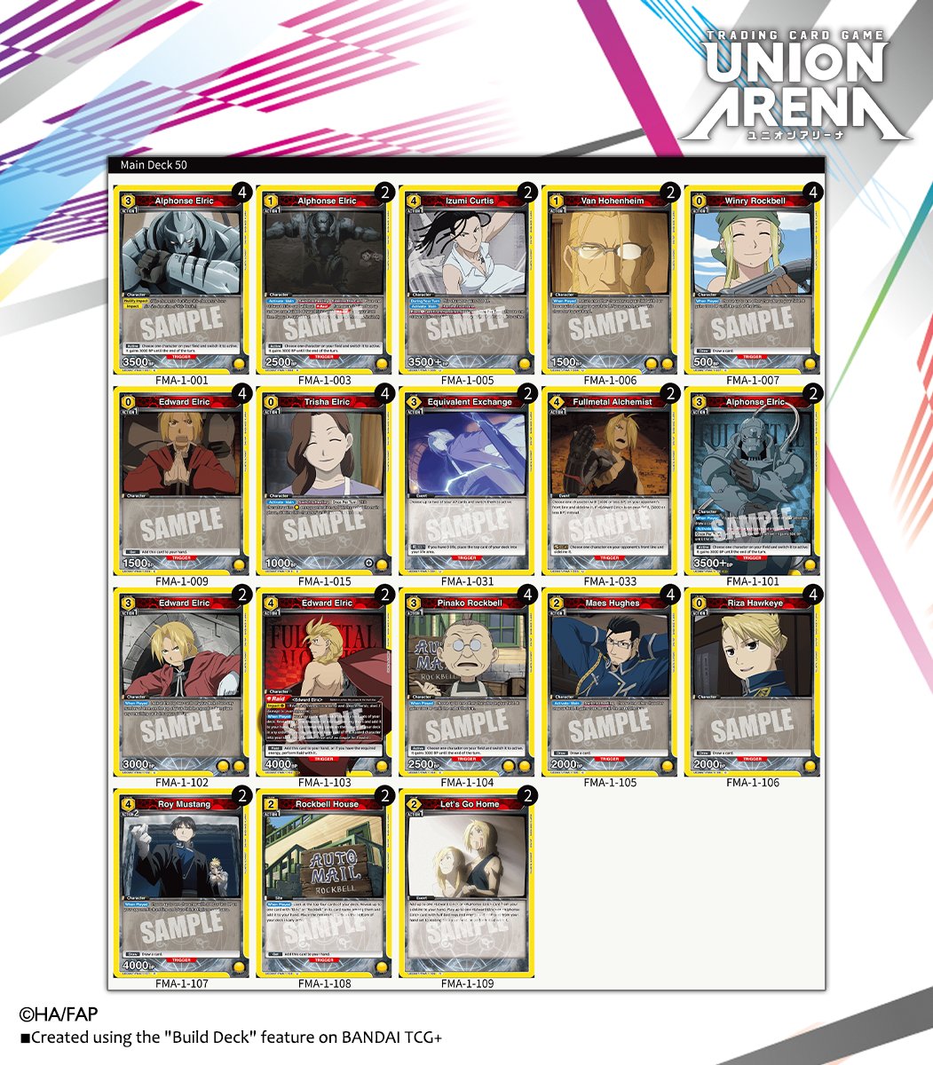 UA_EN_TCG's tweet image. [Deck Intros]
Check out this deck built from cards in the #FullMetalAlchemist [UE09ST] Starter Deck, out now! 👀
Featuring fan-favorite characters from the series! ✨

*Created using the &quot;Build Deck&quot; feature on BANDAI TCG+

Details! 👇
unionarena-tcg.com/na/products/de…

#UNIONARENA_EN