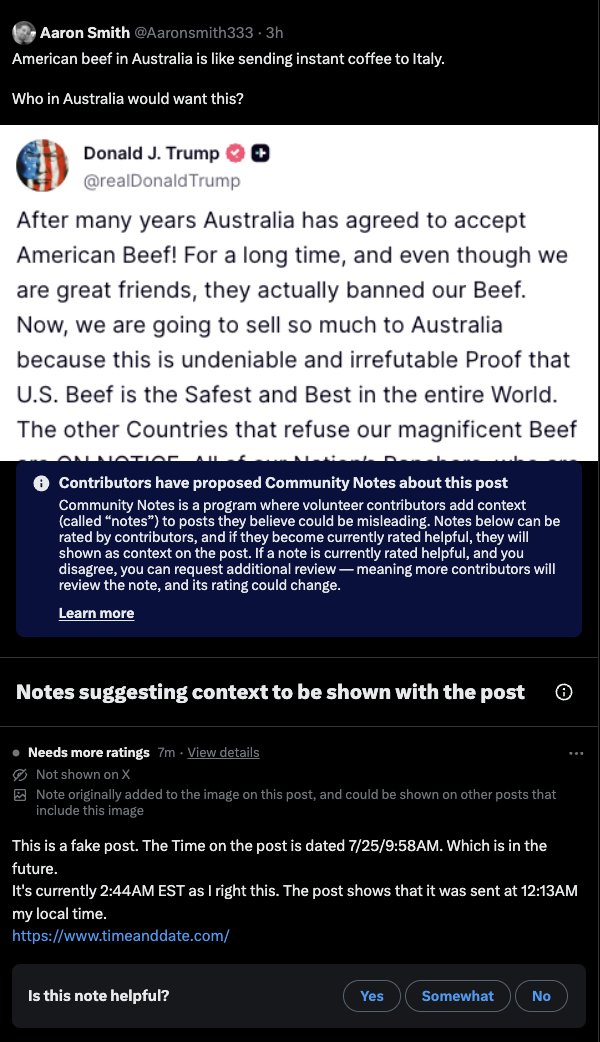 To the Americans trying to community note me because Trump’s post looks like it’s from the future: it’s called a time zone. 

Australia is 14 hours ahead. 

We get tomorrow early - along with common sense, healthcare, and gun laws.