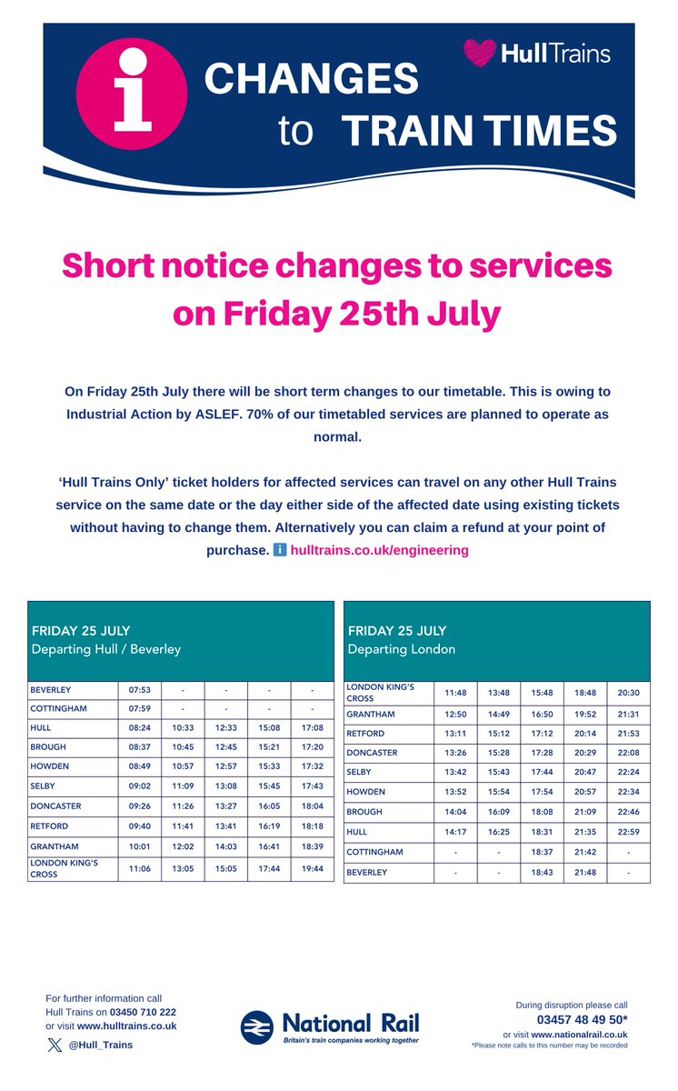 Hull_Trains's tweet image. There will be short notice changes to our timetable on Friday 25th July. 70% of our timetabled services are planned to operate as normal. See our confirmed timetable below. Any changes will be communicated in advance. As always, we recommend checking before you travel.
Ticket…