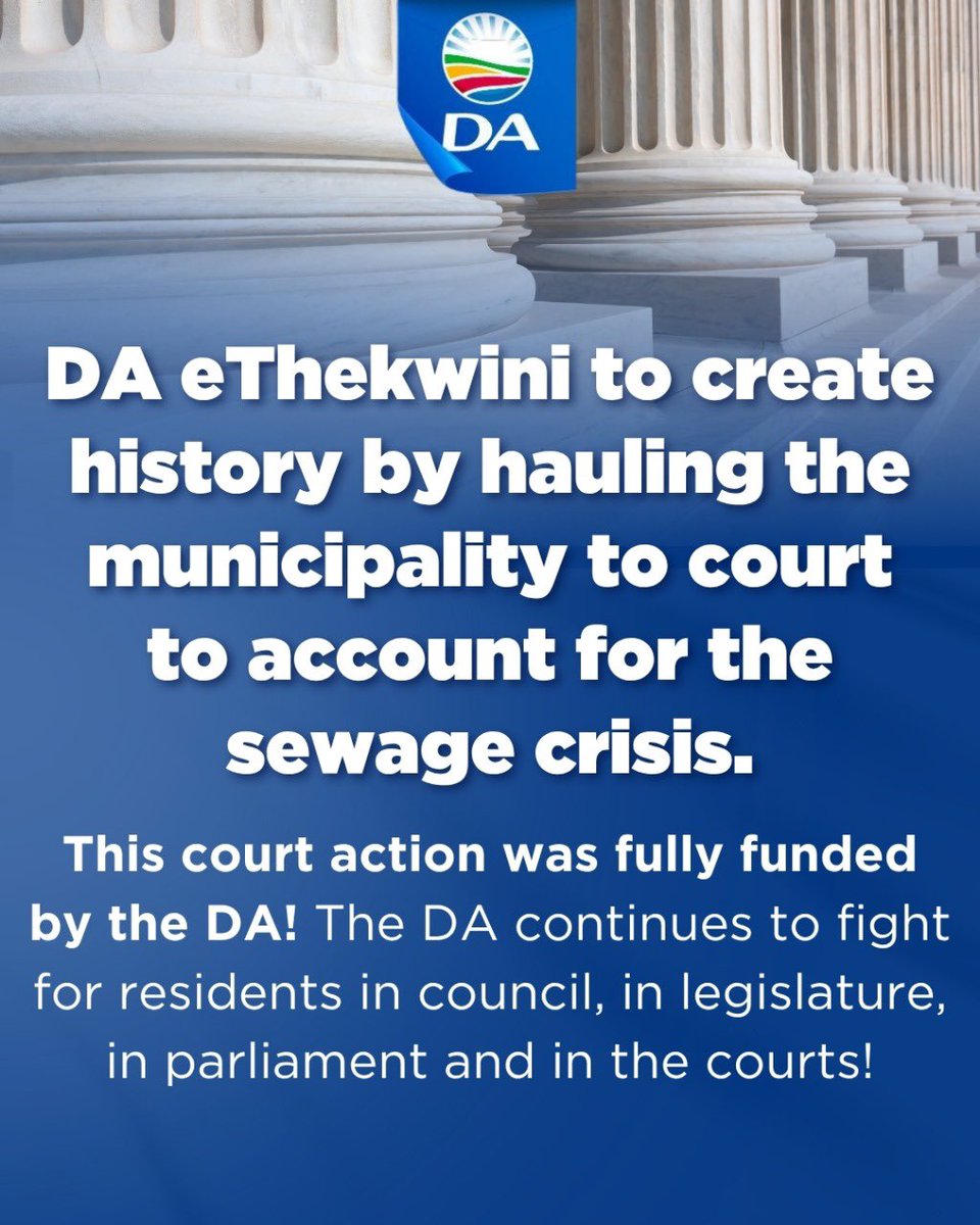DA_KZN's tweet image. Day TWO of the DA versus eThekwini sewage crisis court case is underway at the Pietermaritzburg High Court today.
Only the DA is fighting for YOU!