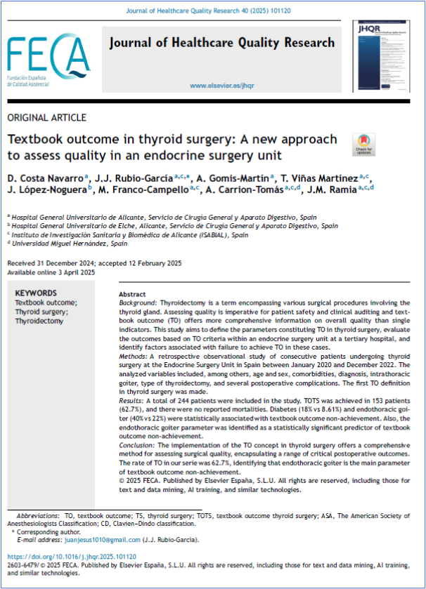 JHealthQualityR's tweet photo. 📰 Textbook outcome en cirugía de tirodes: un nuevo abordaje para evaluar la calidad... de cirugía endocrina
✏️Original por D Costa Navarro @JHealthQualityR #RevistaSECA #JHQR
👉 https://t.co/YSZOqU4qxs
✅ #CalidadAsistencial #TextbookOutcome #CirugiaDeTirodes #Tiroidectomia https://t.co/LUDCauPk2u