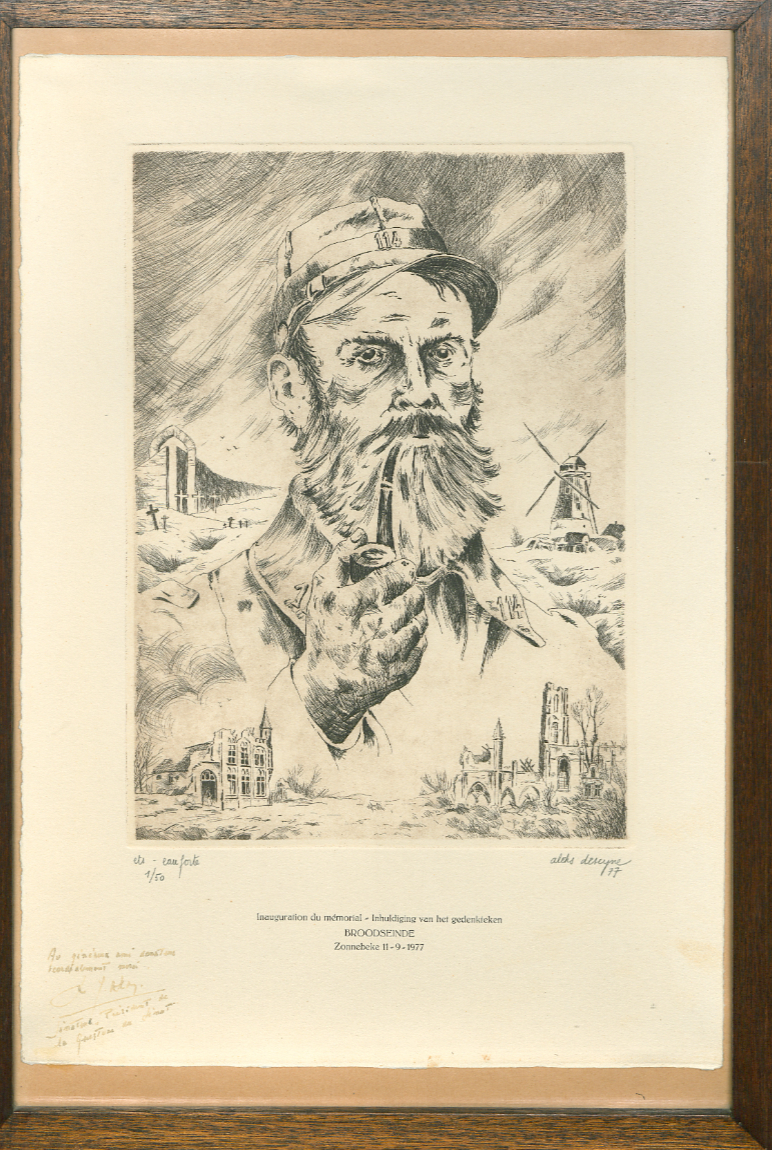 MMP1917's tweet image. This eau-forte etching comes from Emile Comyn, sergeant with the 23rd Line Regiment (1893–1987, Zonnebeke). He donated land for the Monument Français 1914-15, erected in 1977 by the National Combatants Union at Broodseinde. Signed by Alex Deseyne, former Streekmuseum curator.
