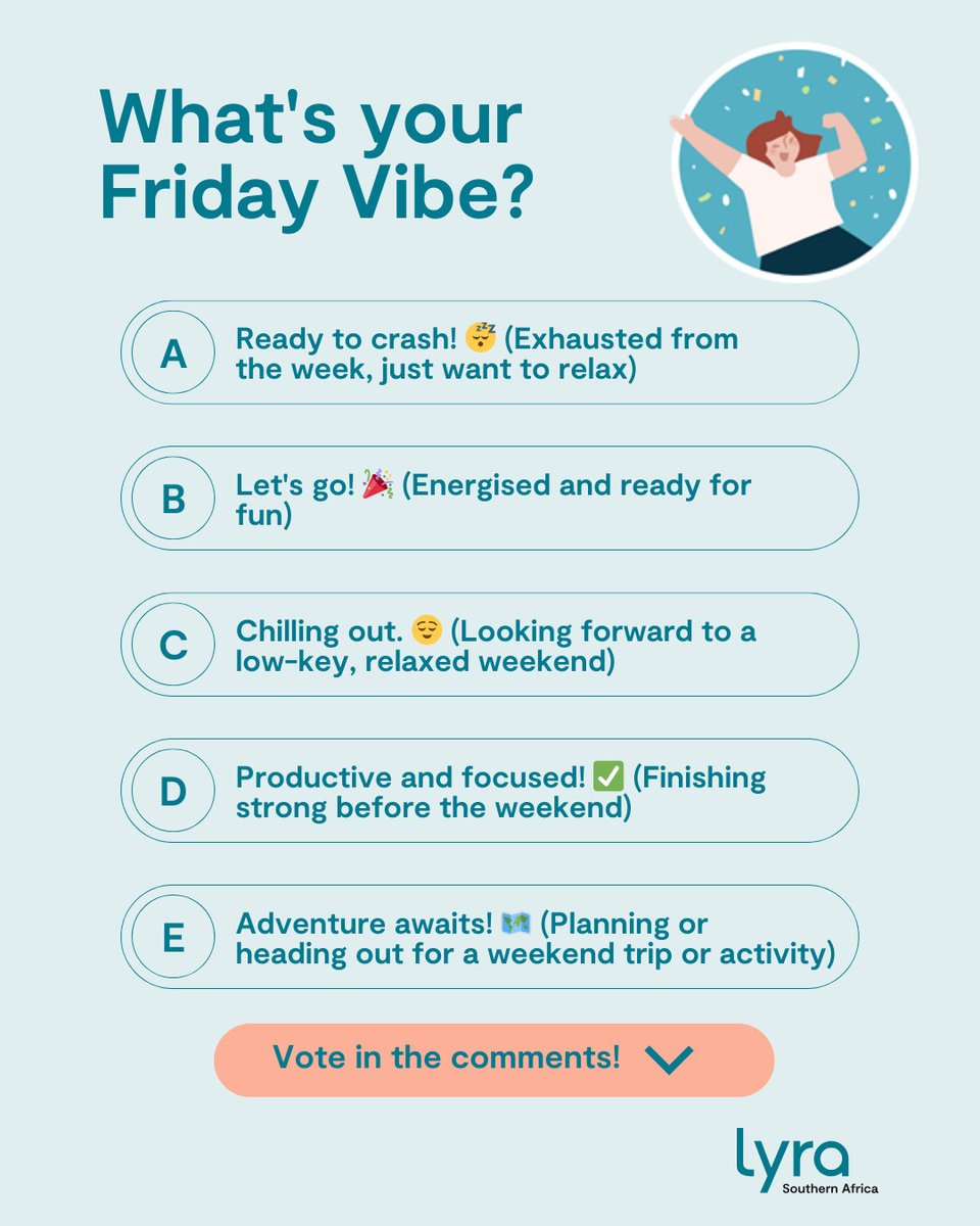 lyrasouthafrica's tweet image. Happy Friday, everyone! 

The work week is winding down, and the weekend is calling! Cast your vote in the poll below and let us know how you're feeling as we head into the weekend!

#PollFun #FridayFun #TellUs #VoteNow