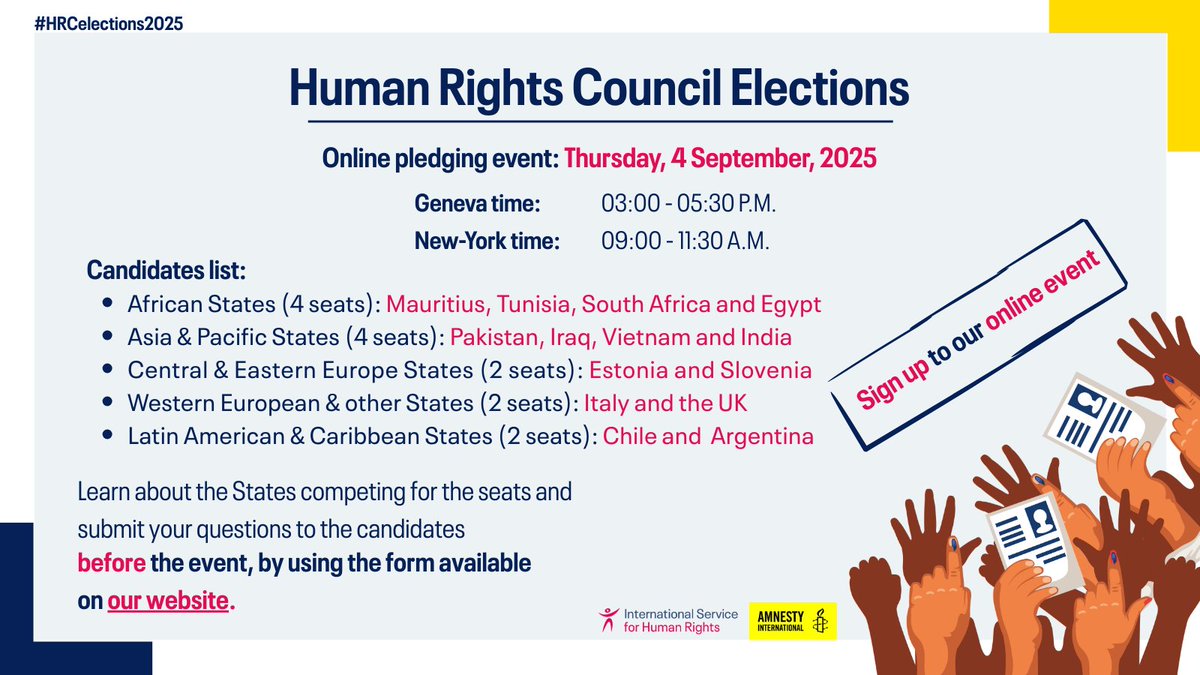 ISHRglobal's tweet image. The #HRCelections2025 is approaching! It is of utmost importance that States select candidates who maintain the highest levels of respect for #humanrights.
Are you interested in learning about the countries competing for the 14 available seats this year?
➜ Read our scorecards:…