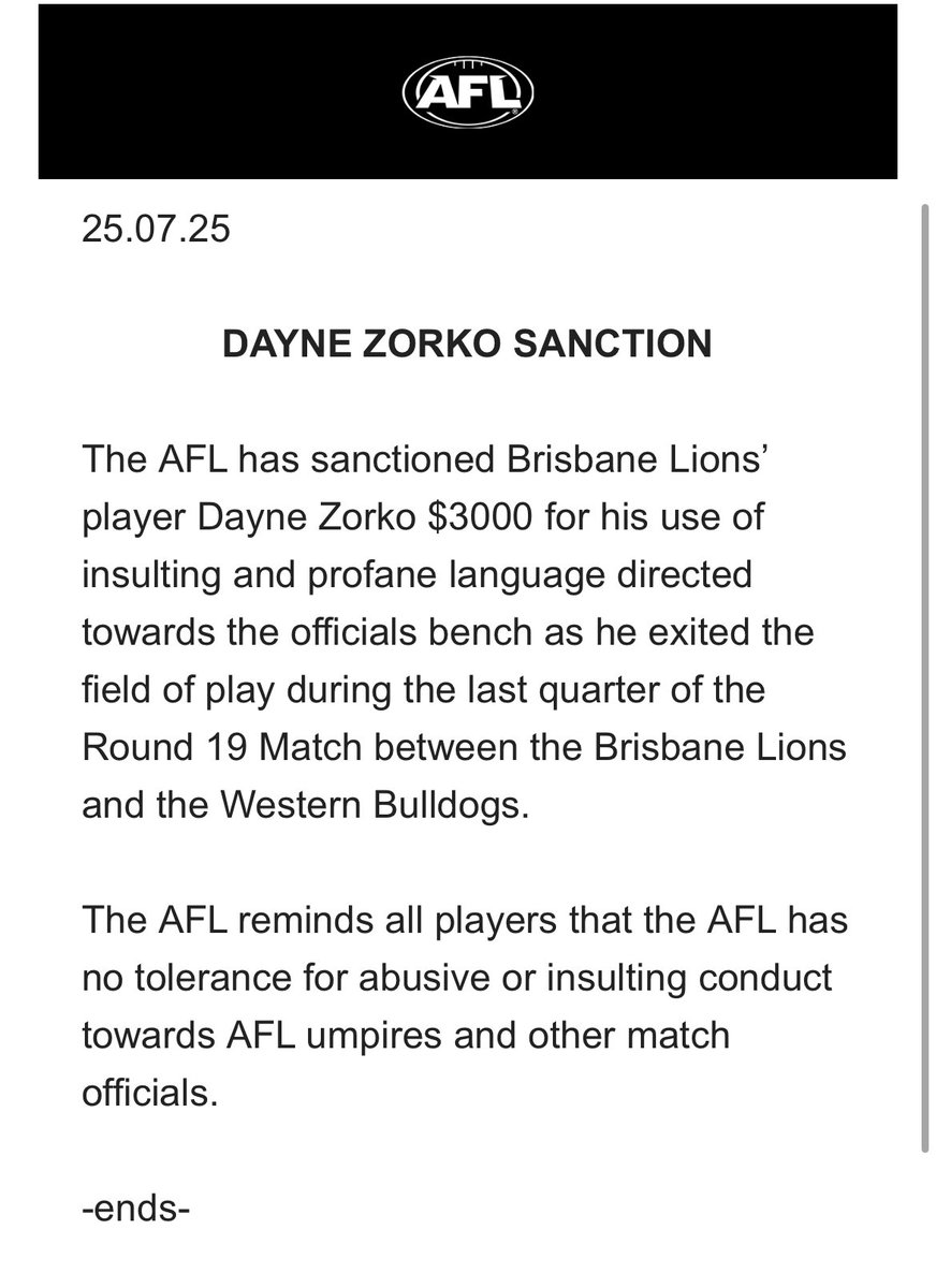 cleary_mitch's tweet image. Dayne Zorko fined $3000 by the AFL
