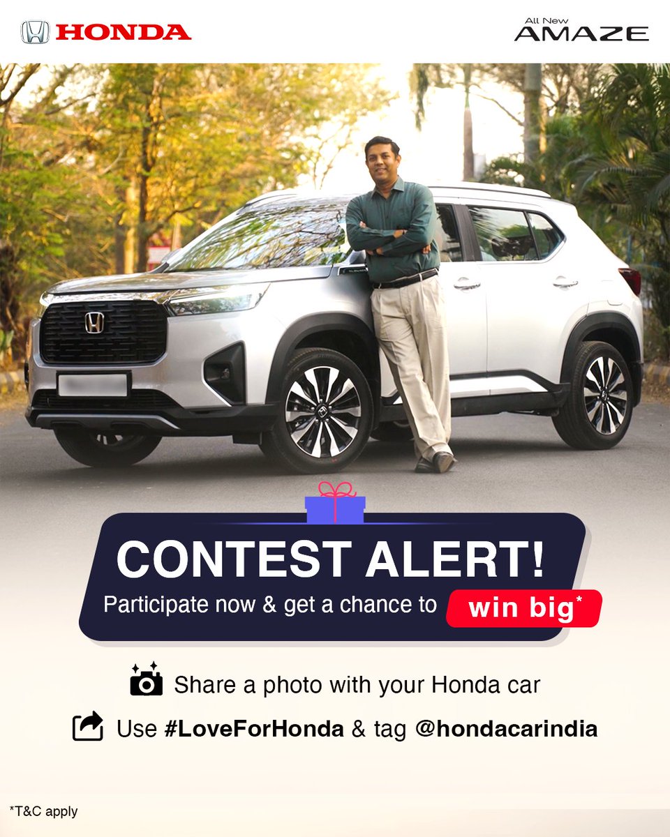 Contest Alert Exciting prizes are waiting for you All you need to do is post your favorite picture with your Honda car using LoveForHonda and tag hondacarindia Contest Alert Exciting prizes are waiting for you All you need to do is post your favorite picture with your Honda car usin...